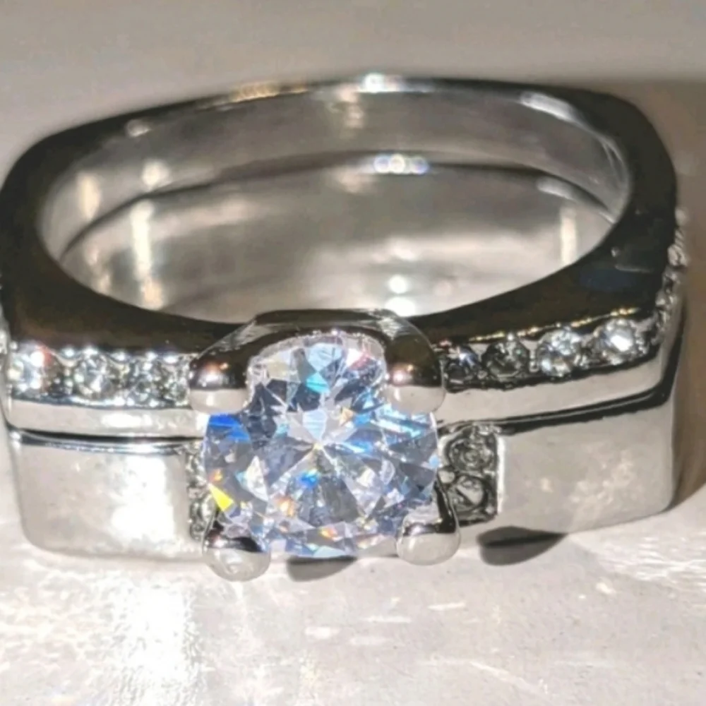 Mens Silver-Tone Clear Cubic zirconia Ring 2pc Set Sz 10